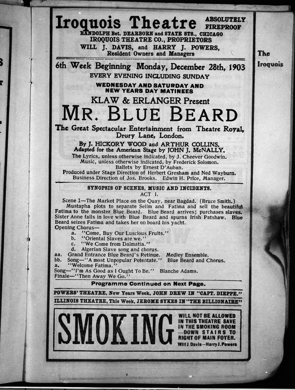 The partially charred program advertising Mr. Bluebeard outside the Iroquois Theatre.